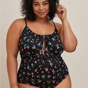 Torrid - Smocked Keyhole Bodysuit - Microfiber Cherries Black​​​​​​​​​​